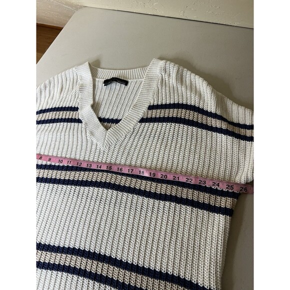 360 Cashmere Sweater Womens L White Navy Beige Stripe V Neck Drop Shoulder Knit - Picture 5 of 10